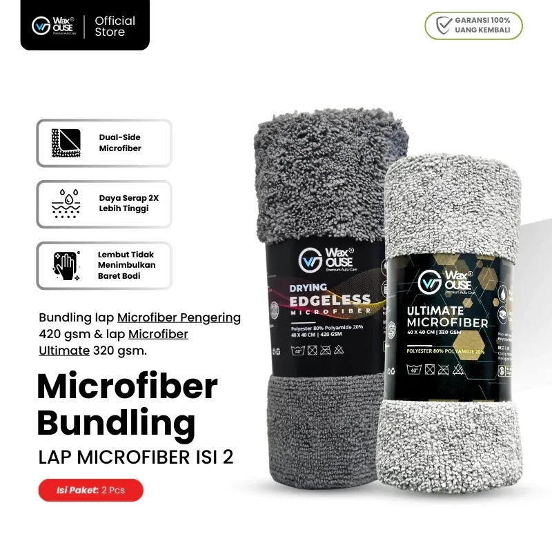 Paket Bundling Microfiber Mobil & Motor Waxouse – Drying Edgeless 420GSM + Ultimate 320GSM Super Halus