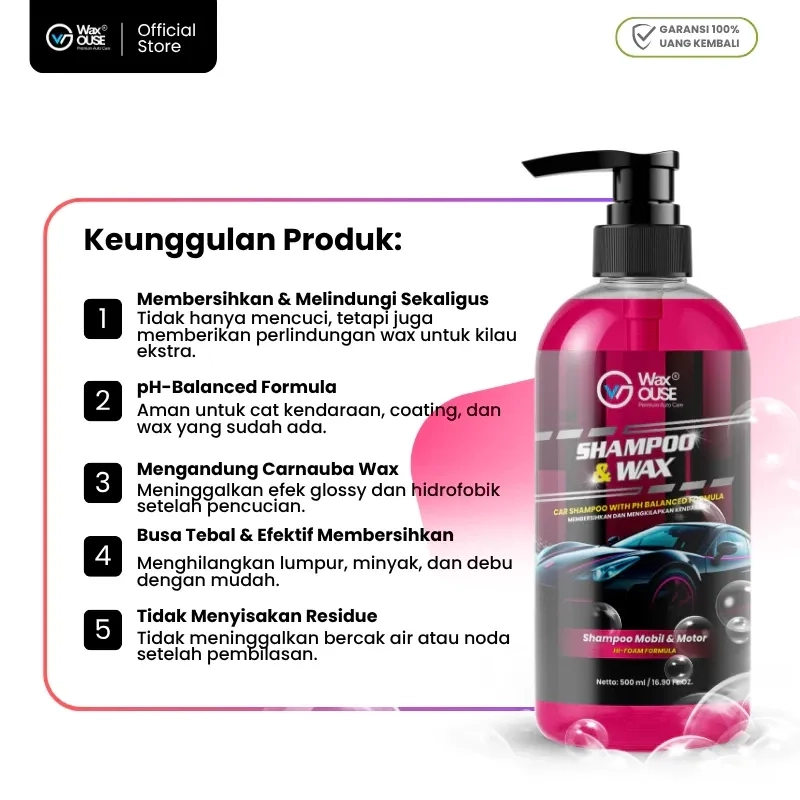 Waxouse Shampoo & Wax 500 ml Shampoo Cuci Mobil Motor pH Balanced Car Wash Shampoo Pengkilap Mobil dan Motor Touchless