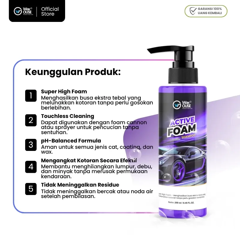 Waxouse Active Foam Shampoo Cuci Mobil Motor Touchless pH Balanced 250mL Shampoo Cuci Mobil & Motor