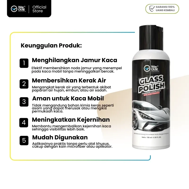 Waxouse Glass Polish Pembersih Jamur & Noda Air Kaca Mobil, Aman untuk Semua Jenis Kaca