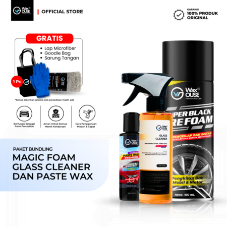 Waxouse Paket Pembersih Jamur Kaca Mobil Carnauba Paste Wax Premium dan Semir Ban Instan Super Black Tire Foam